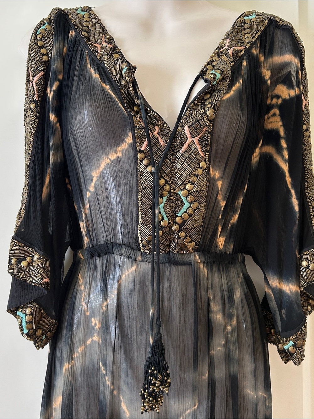 CALYPSO ST. BARTH Black Sheer Silk Maxi Dress, Gold/Turquoise Embellished XS NWT